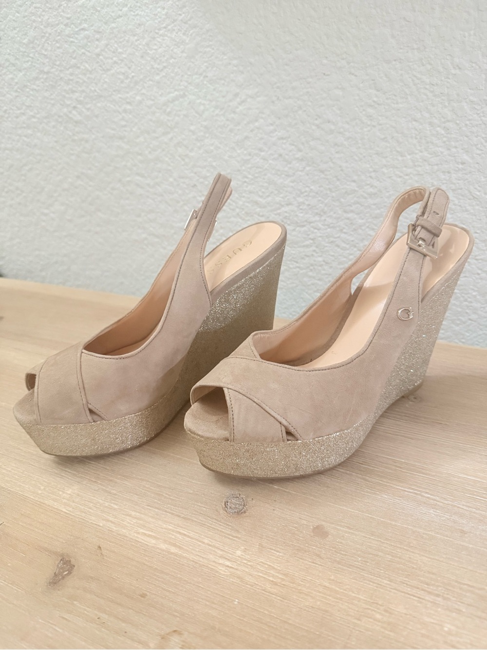 Guess Beige Peep-Toe Wedge Sandals with Glitter Platform, Size 38 - Picture 1 of 8